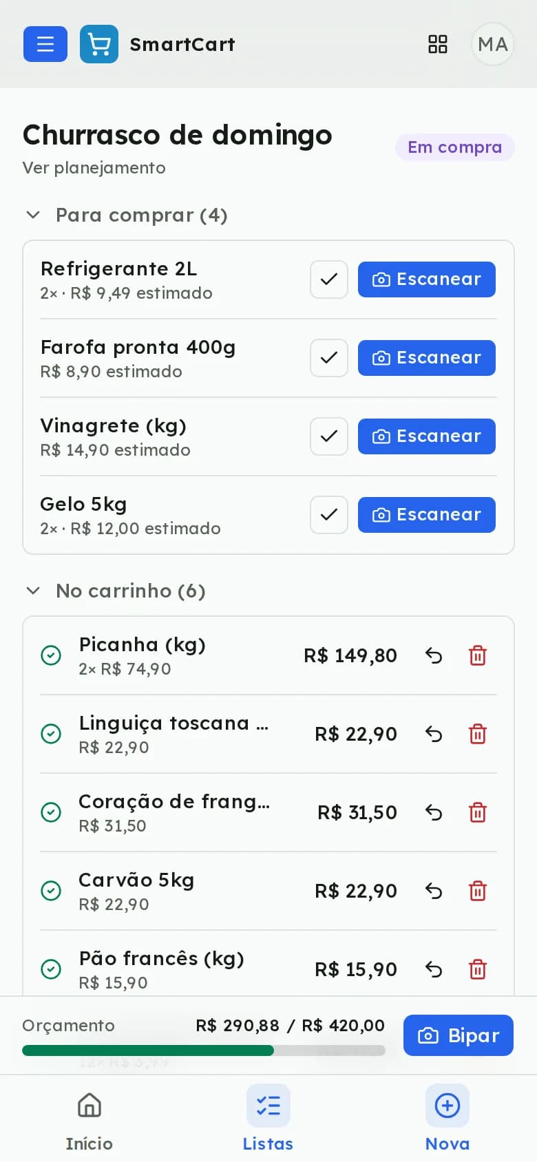 Modo compra no celular, com itens para comprar, itens no carrinho e a barra de orçamento