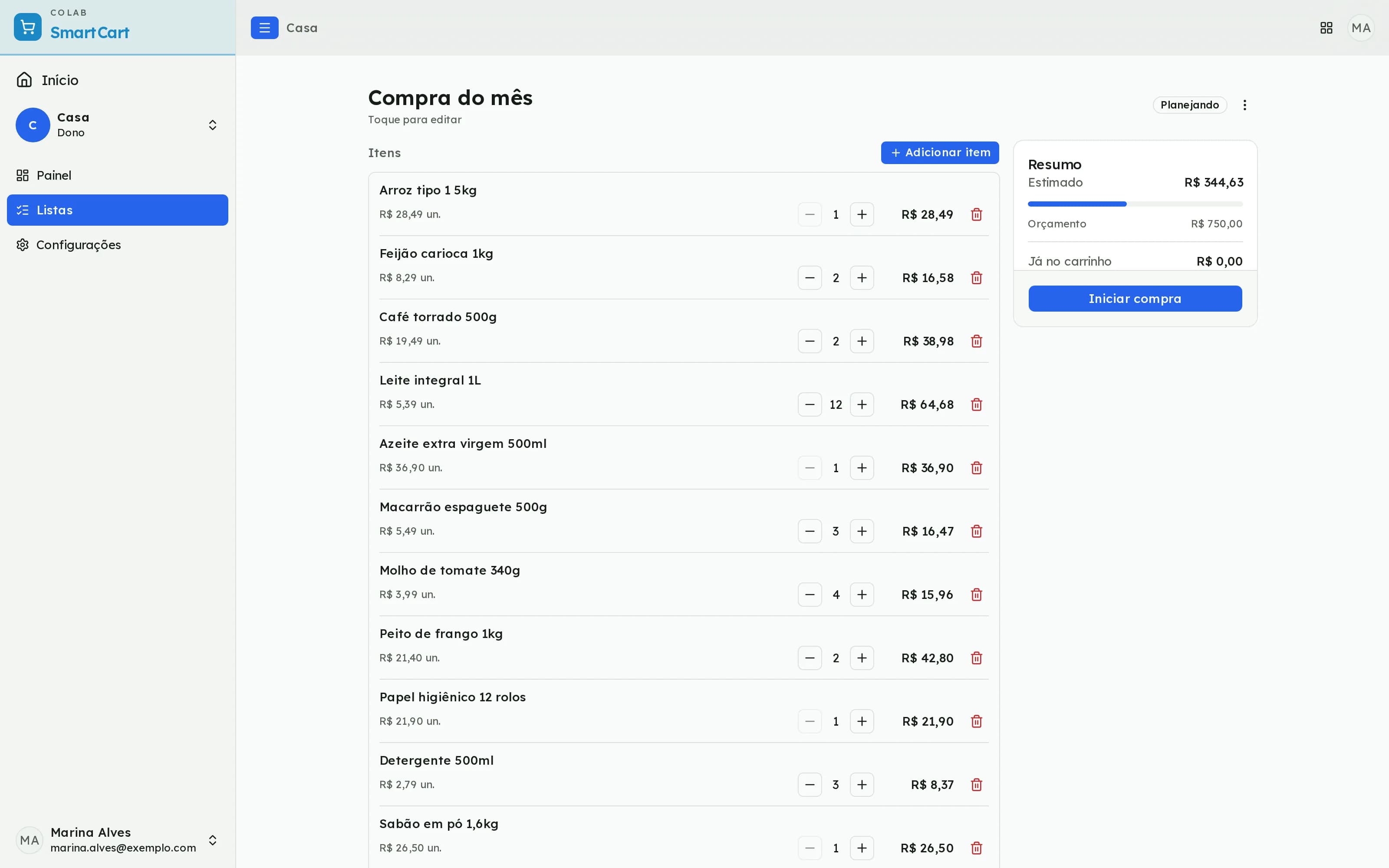 Planejamento da lista Compra do mês no SmartCart, com itens, quantidades, preço estimado e resumo do orçamento